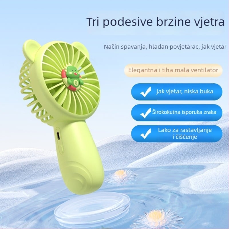 Ručni USB ventilator s 3 brzine, ugrađena baterija 500–800 mAh, 5 lopatica, niska razina buke