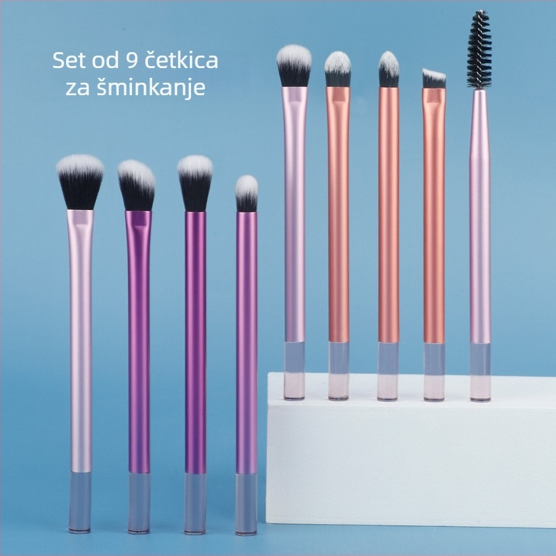 Set od 9 četkica za šminku s aluminijskim držalom, sintetička vlakna, duljina vlasi 3 cm, ukupna duljina 13 cm