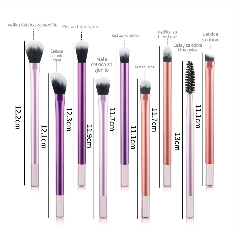 Set od 9 četkica za šminku s aluminijskim držalom, sintetička vlakna, duljina vlasi 3 cm, ukupna duljina 13 cm