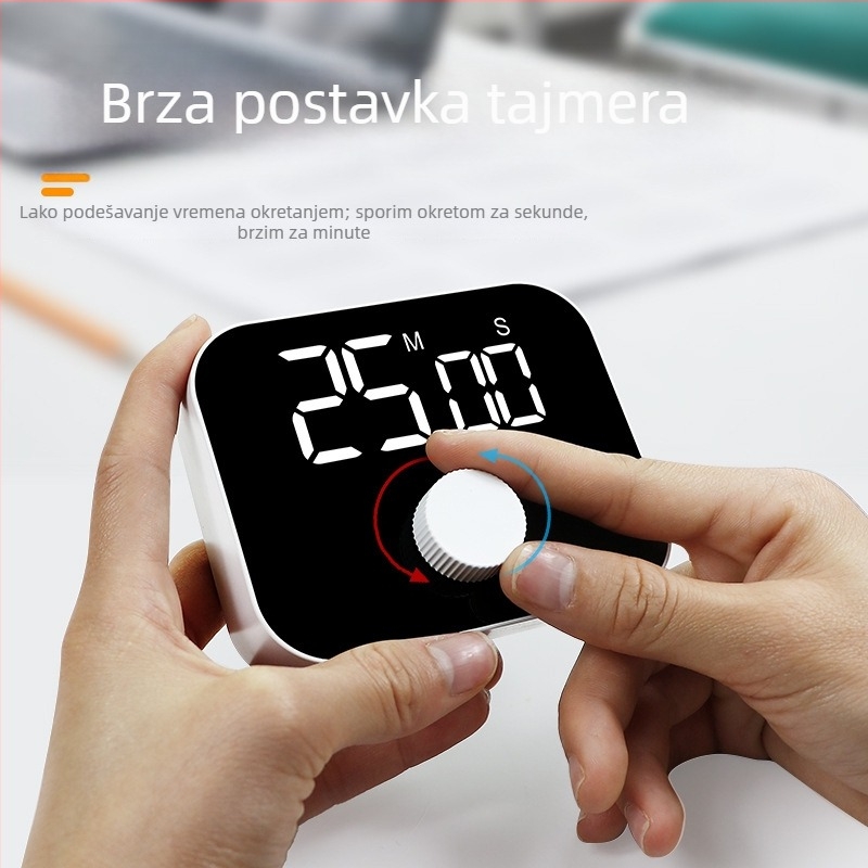 Tiho LED Rotirajući Timer za Učenje i Kuhanje — Baterijsko napajanje, Elektroničko kretanje, Pravokutno kućište, LED zaslon, Ispisan logotip