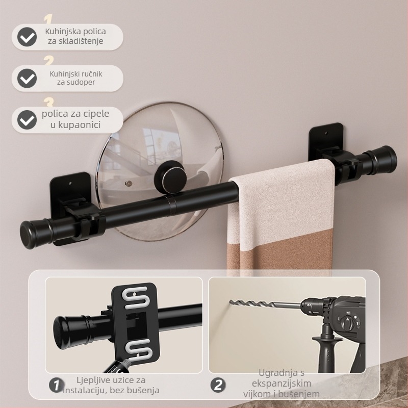 Kupaonica bez bušenja: snažno ljepilo polica za ručnike, produživač nosača ručnika i šipka za zavjesu tuša
