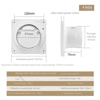 Ispušni ventilator za kupaonu i kuhinju, kružni, tih, model KAS-150, viseći tip montaže, 220V, 50Hz, razina energetske učinkovitosti 3
