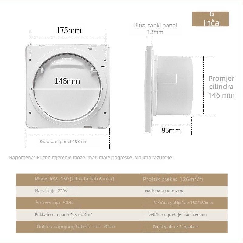 Ispušni ventilator za kupaonu i kuhinju, kružni, tih, model KAS-150, viseći tip montaže, 220V, 50Hz, razina energetske učinkovitosti 3
