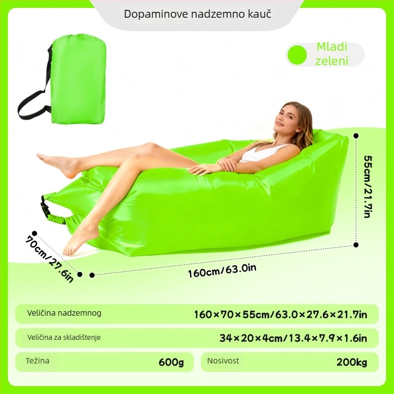 Napuhani jednosjedni kauč za kampiranje - Oxford platno, 2 sloja, nosivost 200 kg, težina 0,4 kg, ručna pumpa