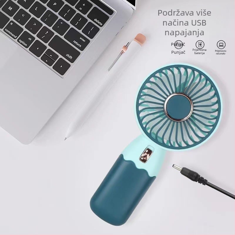Ručni prijenosni ventilator s cartoon dizajnom, USB punjenje, ugrađena baterija 300–500 mAh, 3 lopatice, buka ispod 36 dB