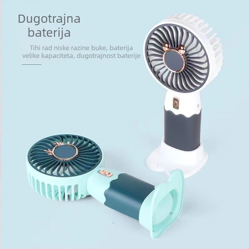 Ručni prijenosni ventilator s cartoon dizajnom, USB punjenje, ugrađena baterija 300–500 mAh, 3 lopatice, buka ispod 36 dB