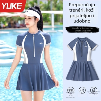 Ženski jednodelni kupaći kostim sa suknjom, konzervativan dizajn, brzo se suši, visoka elastičnost, s jastučićima za grudi