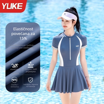 Ženski jednodelni kupaći kostim sa suknjom, konzervativan dizajn, brzo se suši, visoka elastičnost, s jastučićima za grudi