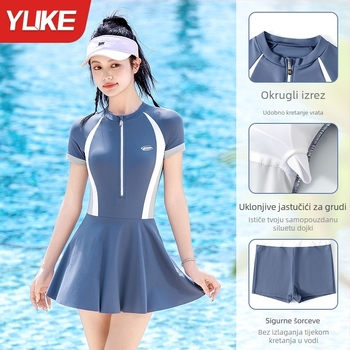 Ženski jednodelni kupaći kostim sa suknjom, konzervativan dizajn, brzo se suši, visoka elastičnost, s jastučićima za grudi