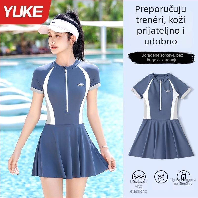 Ženski jednodelni kupaći kostim sa suknjom, konzervativan dizajn, brzo se suši, visoka elastičnost, s jastučićima za grudi