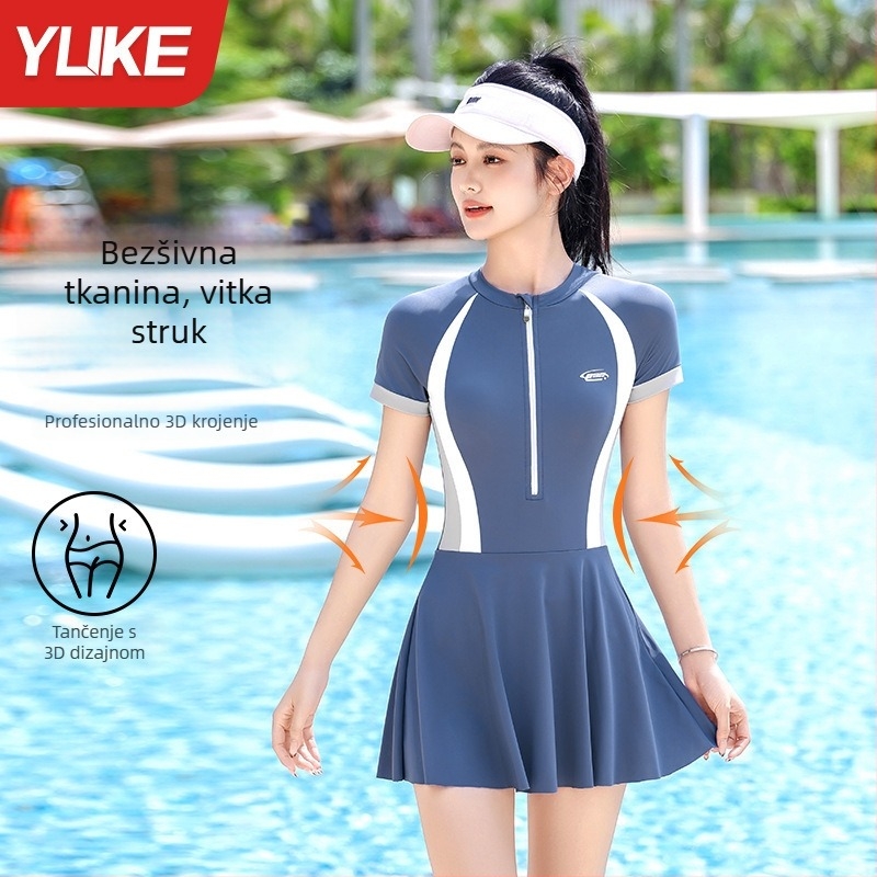 Ženski jednodelni kupaći kostim sa suknjom, konzervativan dizajn, brzo se suši, visoka elastičnost, s jastučićima za grudi
