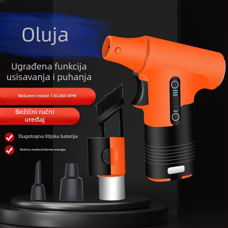 Ručni prijenosni ventilator s funkcijom puhanja i usisavanja, brushless motor, 5 metalnih lopatica, ugrađena Li-ion baterija 2000–4000 mAh, USB napajanje, 3 brzine, 200 g, tih (<36 dB)