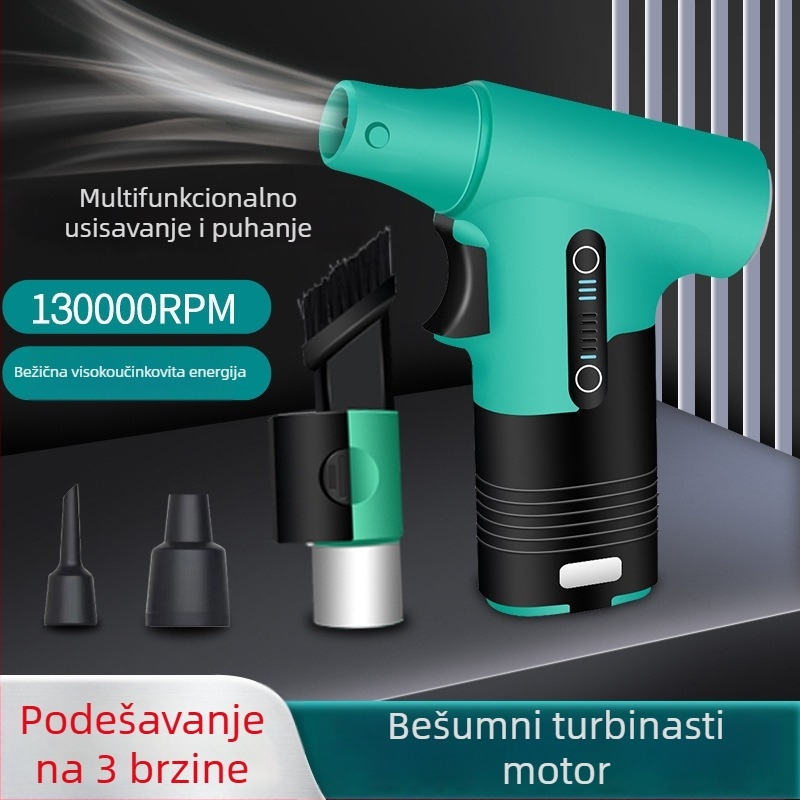 Ručni prijenosni ventilator s funkcijom puhanja i usisavanja, brushless motor, 5 metalnih lopatica, ugrađena Li-ion baterija 2000–4000 mAh, USB napajanje, 3 brzine, 200 g, tih (<36 dB)