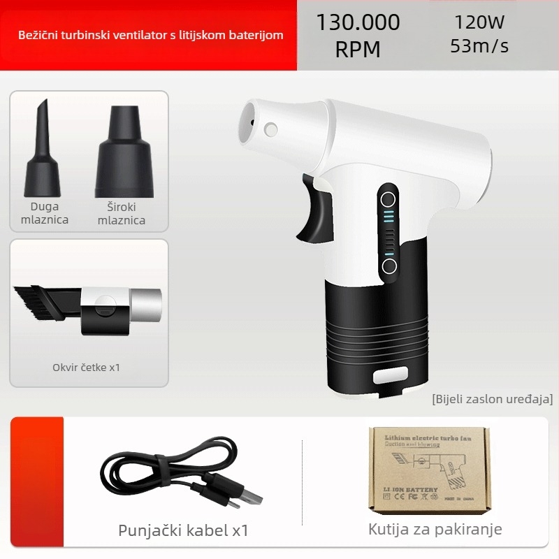Ručni prijenosni ventilator s funkcijom puhanja i usisavanja, brushless motor, 5 metalnih lopatica, ugrađena Li-ion baterija 2000–4000 mAh, USB napajanje, 3 brzine, 200 g, tih (<36 dB)
