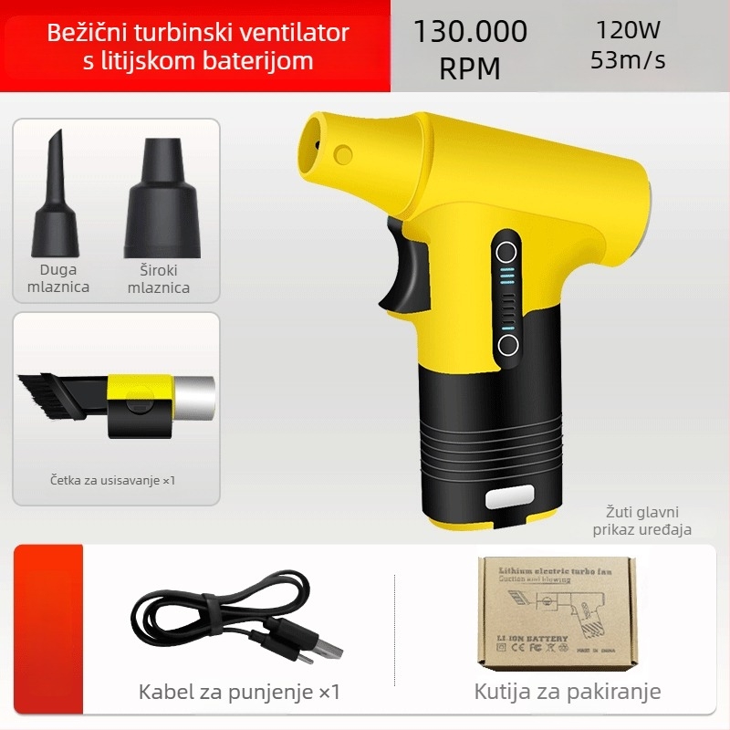 Ručni prijenosni ventilator s funkcijom puhanja i usisavanja, brushless motor, 5 metalnih lopatica, ugrađena Li-ion baterija 2000–4000 mAh, USB napajanje, 3 brzine, 200 g, tih (<36 dB)