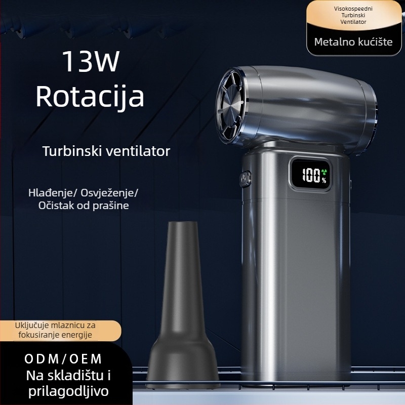 Ručni ventilator s brushless motorom, 6 lopatica, ugrađena baterija 4000–6000 mAh, 5 brzina, tih rad <36 dB