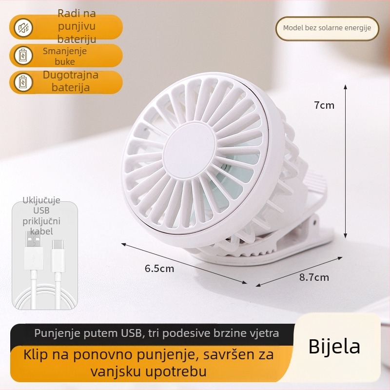 USB prijenosni ventilator s ugrađenom baterijom 300-500 mAh, 6 brzina, buka 45-50 dB, trajanje 3-6 sati