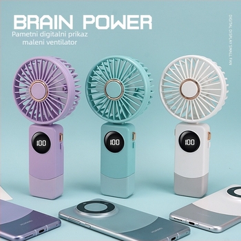 USB ručni ventilator s pametnim digitalnim zaslonom, ugrađena baterija 1000–1200mAh, brushless motor, 5 brzina, trajanje 3–6 h