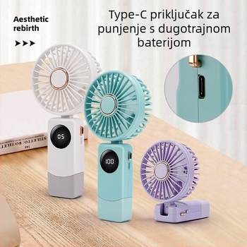 USB ručni ventilator s pametnim digitalnim zaslonom, ugrađena baterija 1000–1200mAh, brushless motor, 5 brzina, trajanje 3–6 h