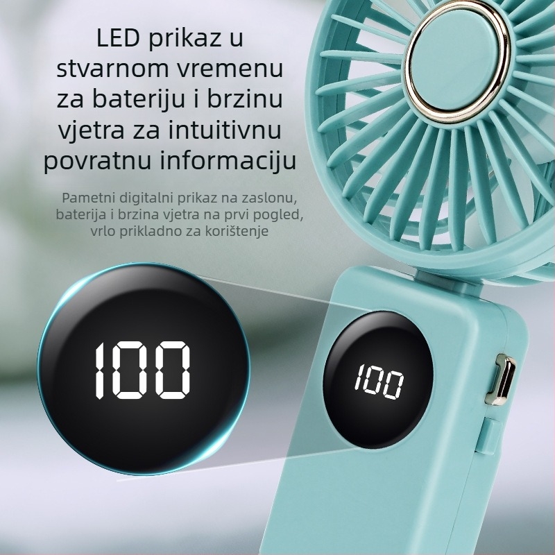 USB ručni ventilator s pametnim digitalnim zaslonom, ugrađena baterija 1000–1200mAh, brushless motor, 5 brzina, trajanje 3–6 h