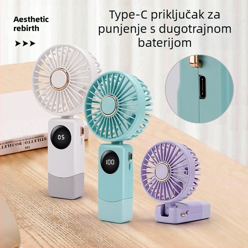 USB ručni ventilator s pametnim digitalnim zaslonom, ugrađena baterija 1000–1200mAh, brushless motor, 5 brzina, trajanje 3–6 h