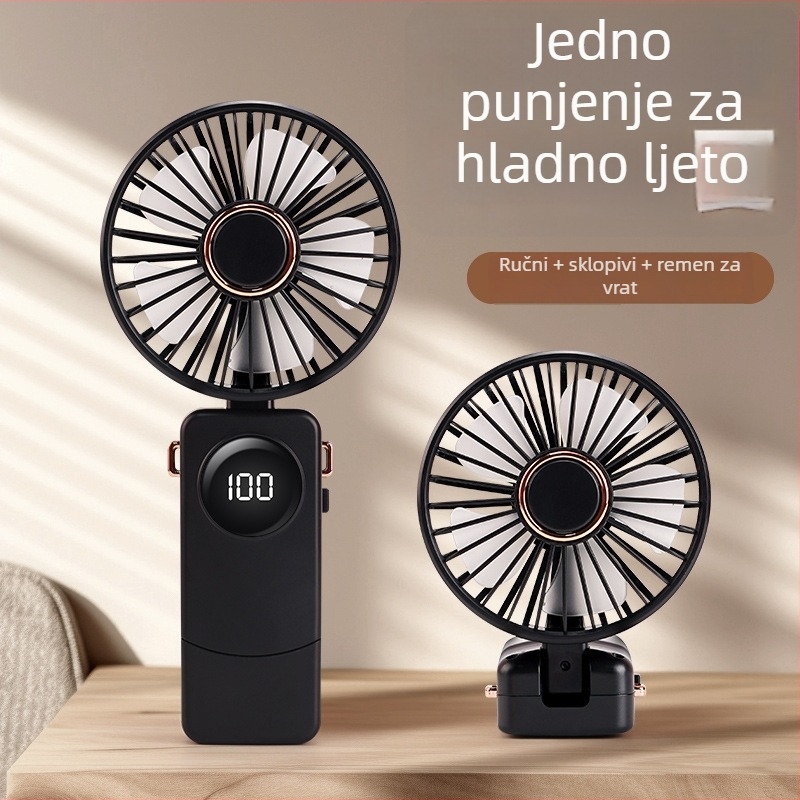 USB ručni ventilator s pametnim digitalnim zaslonom, ugrađena baterija 1000–1200mAh, brushless motor, 5 brzina, trajanje 3–6 h