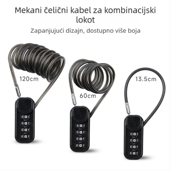 QITE kombinacijski katanac s čeličnim kabelom za kacigu, prtljagu i automobil – cinkova legura, brojčani tip, 3 mm debljina