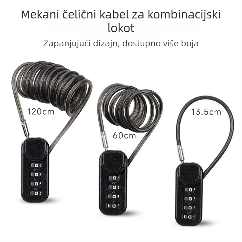 QITE kombinacijski katanac s čeličnim kabelom za kacigu, prtljagu i automobil – cinkova legura, brojčani tip, 3 mm debljina