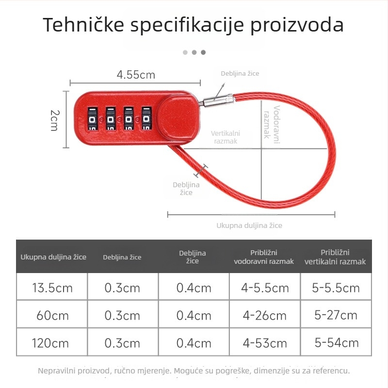 QITE kombinacijski katanac s čeličnim kabelom za kacigu, prtljagu i automobil – cinkova legura, brojčani tip, 3 mm debljina