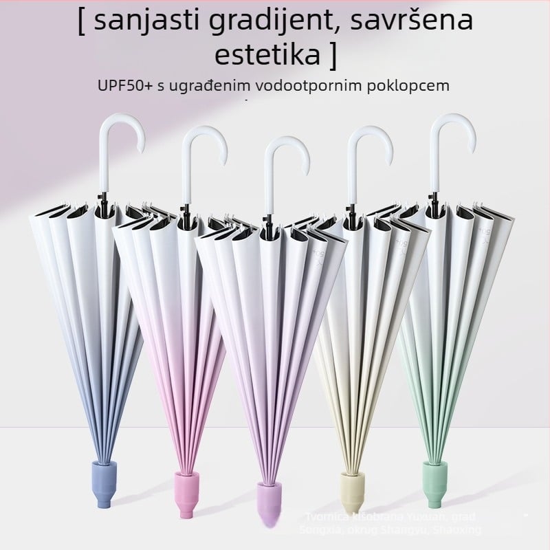 Automatski kišobran s 16 rebara, duga drška, gradijentno vinilno kućište, UV zaštita UPF 50+, vodootporan, tisak logotipa za reklamu