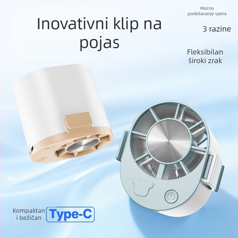 Ventilator za remen USB – mini, s 3 lopaticama, 3 brzine, ugrađena baterija 800–1000 mAh, ABS kućište