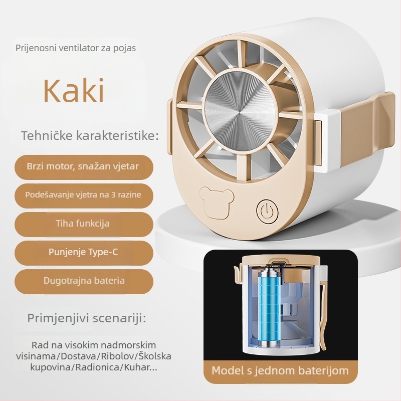 Ventilator za remen USB – mini, s 3 lopaticama, 3 brzine, ugrađena baterija 800–1000 mAh, ABS kućište