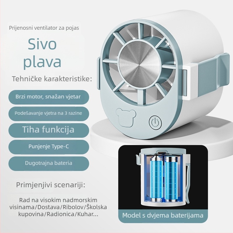 Ventilator za remen USB – mini, s 3 lopaticama, 3 brzine, ugrađena baterija 800–1000 mAh, ABS kućište