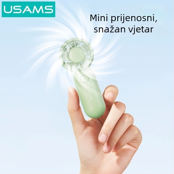 Ručni USB ventilator s 5 plastičnih lopatica, ugrađena baterija 500–800 mAh, USB punjenje, 3 brzine