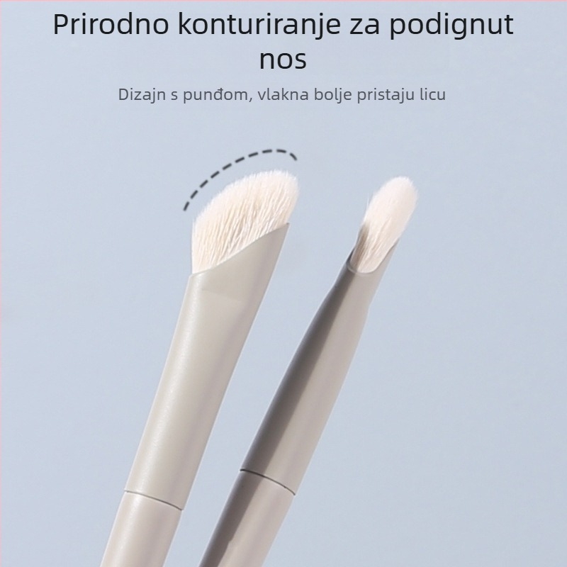 Četkica za konturiranje nosa s najlonskim vlaknima, aluminijska drška, srpasto-uglađeni dizajn, pakiranje u jednoj vrećici
