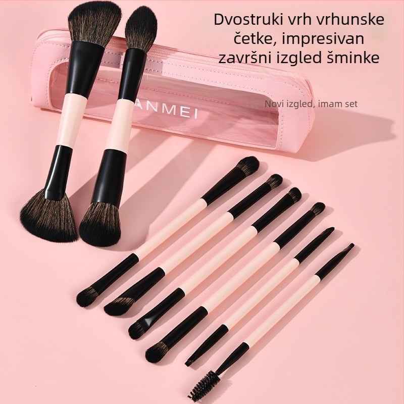 8-dijelni set dvostrano završnih četkica za šminku, sintetička vlakna, drvene drške, u torbi za četkice