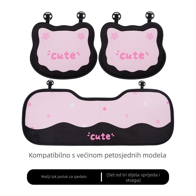 Auto jastuk za sjedalo – ploski stil, karikaturalni dizajn s mašnicom i mačkom, punjenje spužvom, površina pliš, marka Yu cen