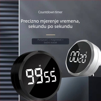 Rotirajući timer 99:59, LCD zaslon, Napajanje baterijom, Budilnik u stilu crtani s odbrojavanjem i memorijom