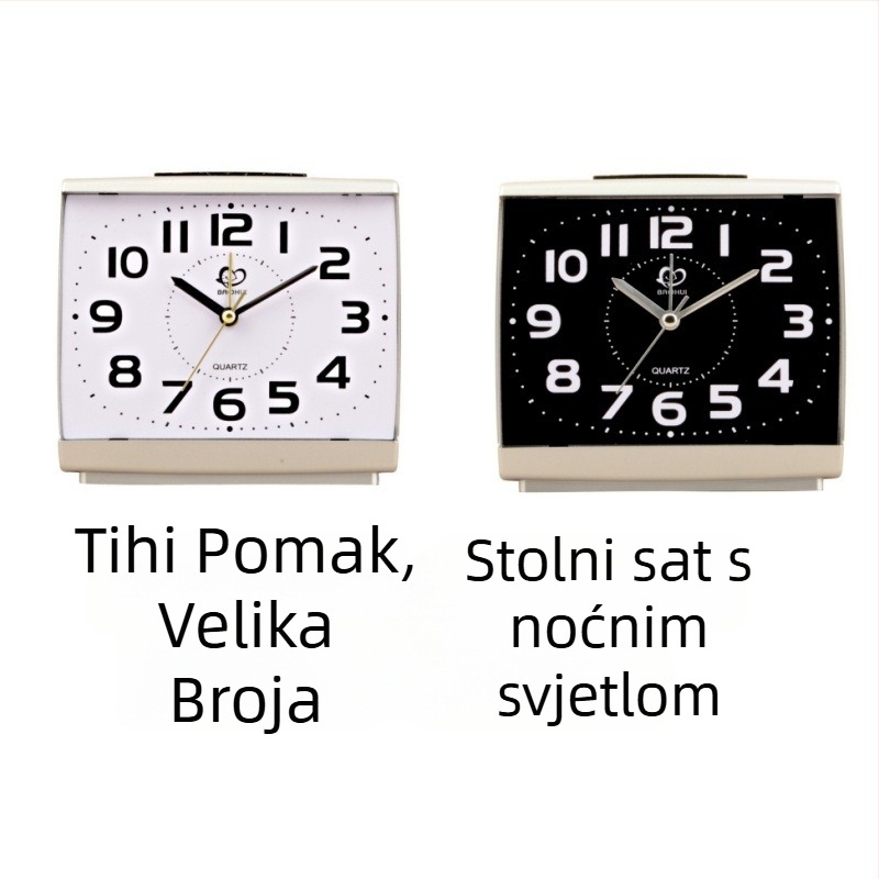 Stolni sat K10 – tihi alarm, velike brojke i noćno osvjetljenje, napajan baterijom, jednostrana, plastično kućište