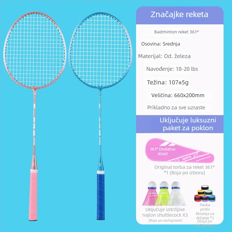 361° badminton raketa – ultra lagana, 95–100 g, drška G3, neposredan udar