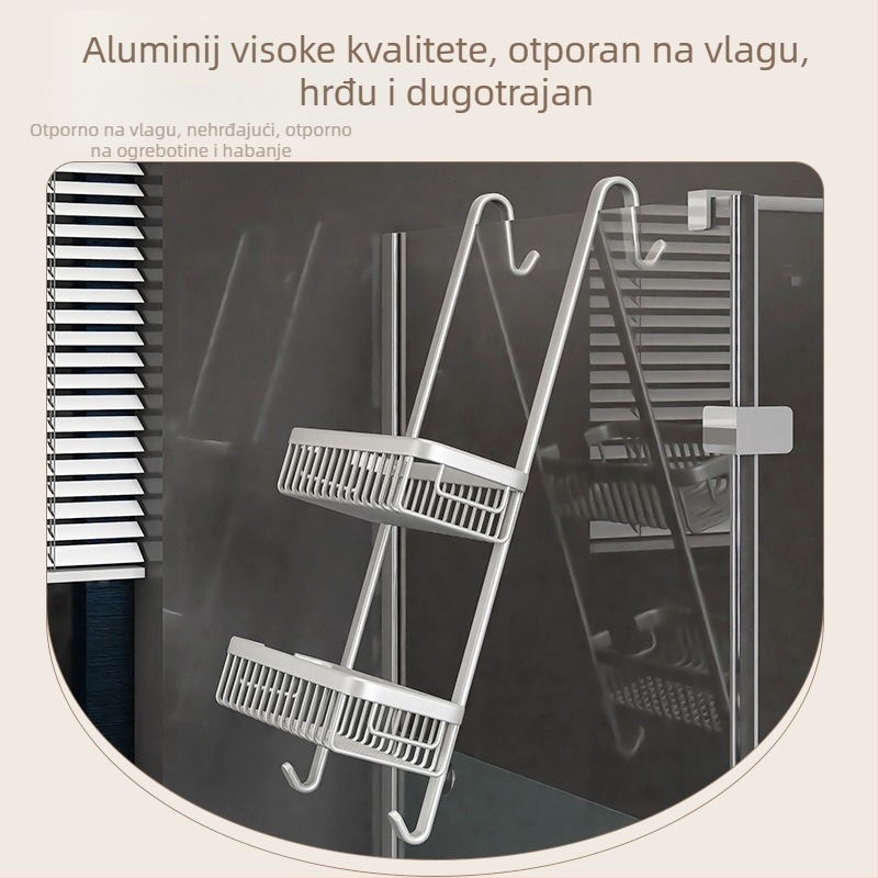 Police za kupaonicu od aluminijske legure sa staklenim vratima, dvostruki sloj, montaža bez bušenja, nosivost 20 kg