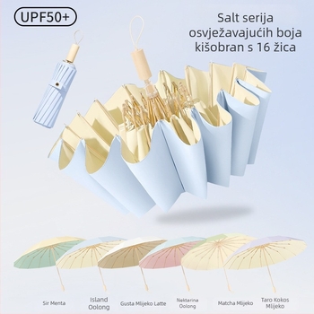 Sunčani kišobran s 16 rebara, otporan na vjetar, sklopivi trodijelni dizajn, aluminijski okvir, aluminijski središnji štap, drška od drva, tkanina 210T s premazom Color Glue, UPF 50+, ručno otvaranje zatvaranje