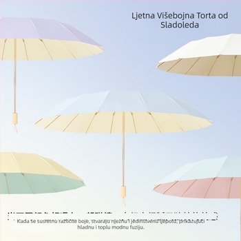 Sunčani kišobran s 16 rebara, otporan na vjetar, sklopivi trodijelni dizajn, aluminijski okvir, aluminijski središnji štap, drška od drva, tkanina 210T s premazom Color Glue, UPF 50+, ručno otvaranje zatvaranje