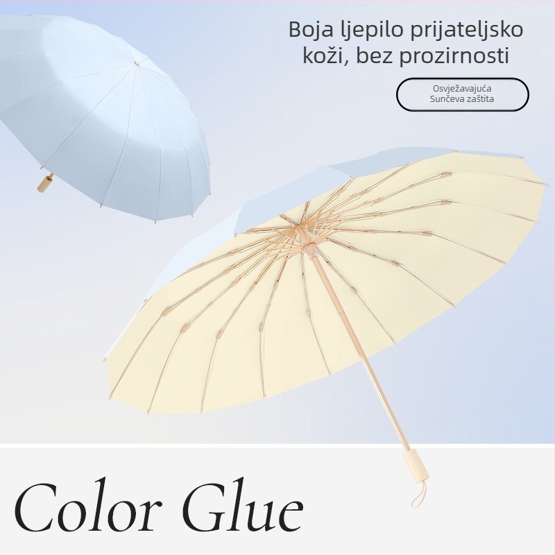 Sunčani kišobran s 16 rebara, otporan na vjetar, sklopivi trodijelni dizajn, aluminijski okvir, aluminijski središnji štap, drška od drva, tkanina 210T s premazom Color Glue, UPF 50+, ručno otvaranje zatvaranje