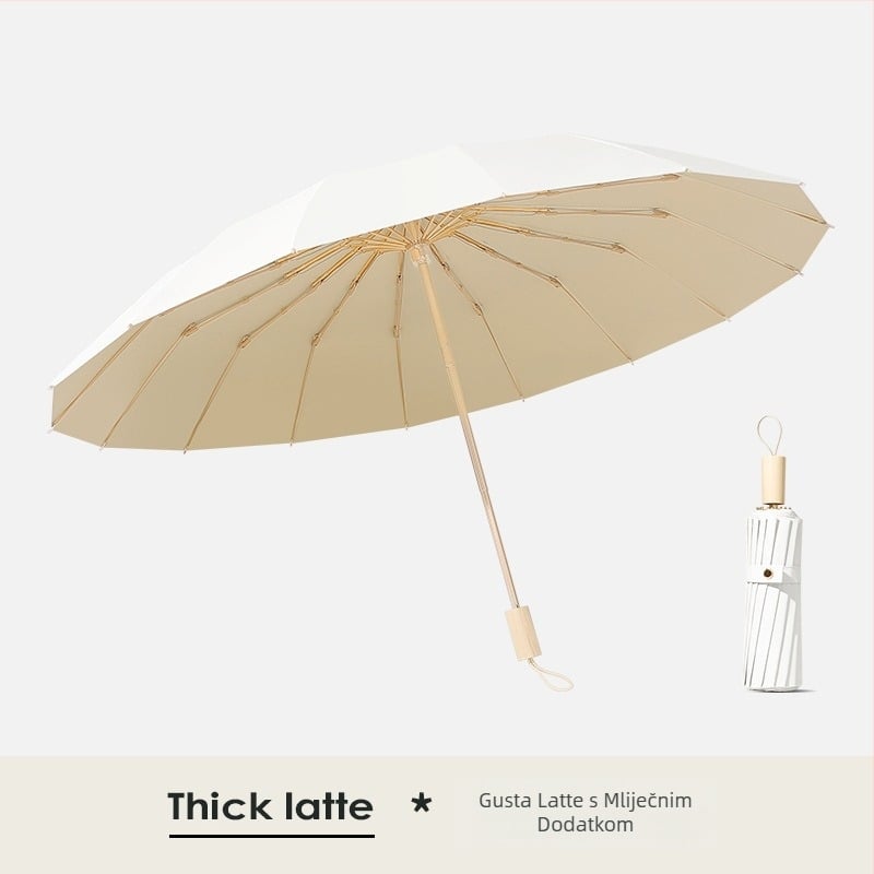 Sunčani kišobran s 16 rebara, otporan na vjetar, sklopivi trodijelni dizajn, aluminijski okvir, aluminijski središnji štap, drška od drva, tkanina 210T s premazom Color Glue, UPF 50+, ručno otvaranje zatvaranje