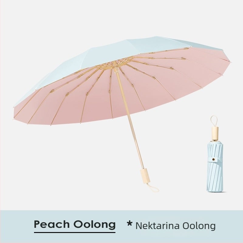 Sunčani kišobran s 16 rebara, otporan na vjetar, sklopivi trodijelni dizajn, aluminijski okvir, aluminijski središnji štap, drška od drva, tkanina 210T s premazom Color Glue, UPF 50+, ručno otvaranje zatvaranje