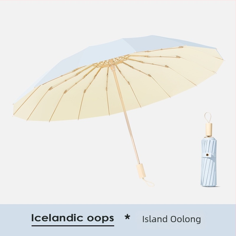 Sunčani kišobran s 16 rebara, otporan na vjetar, sklopivi trodijelni dizajn, aluminijski okvir, aluminijski središnji štap, drška od drva, tkanina 210T s premazom Color Glue, UPF 50+, ručno otvaranje zatvaranje