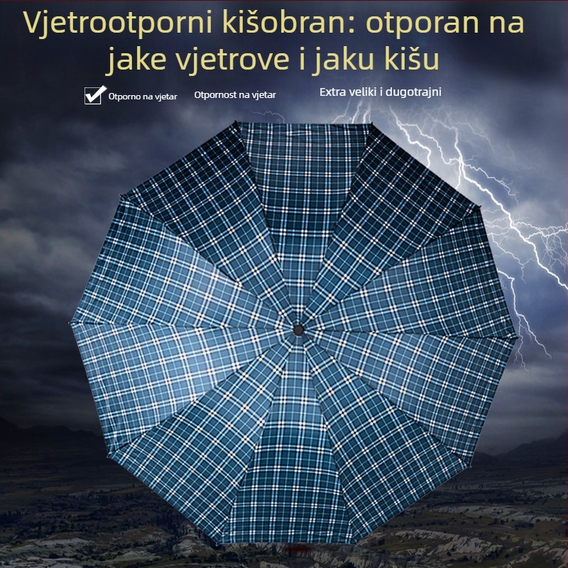 Trostrani kišobran za dvije osobe, poliestersko platno, 10 čeličnih rebara, čelični osovinski i ručka, ručno otvaranje, otporan na vjetar, mogućnost tiska logotipa i prilagodbe