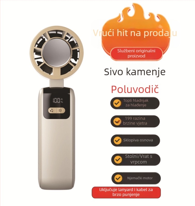 Ručni sklopivi ventilator za hlađenje s bezkraćkim motorom, 3.7V 5W, ponovno punjiva litijska baterija 1200–2000 mAh, buka ispod 36 dB, neprekidna regulacija brzine, težina 250 g, dimenzije 185×65×65 mm