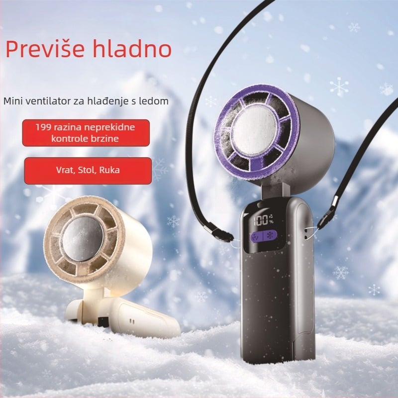 Ručni sklopivi ventilator za hlađenje s bezkraćkim motorom, 3.7V 5W, ponovno punjiva litijska baterija 1200–2000 mAh, buka ispod 36 dB, neprekidna regulacija brzine, težina 250 g, dimenzije 185×65×65 mm